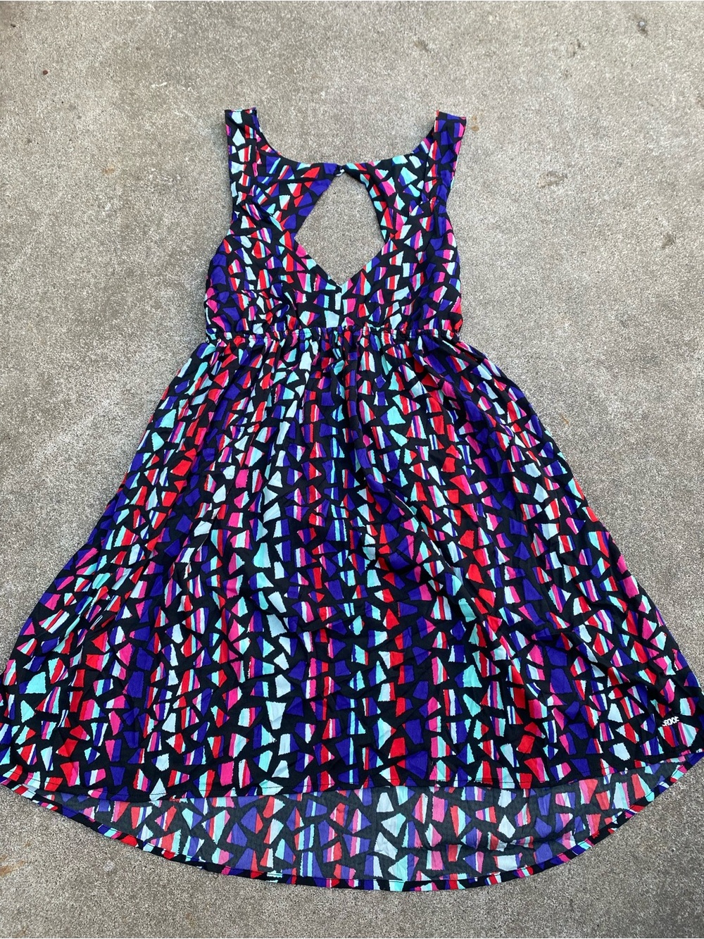 Roxy Love Seeker Geometric Mosaic Open Back Fit & Flare Mini Dress Black Multi